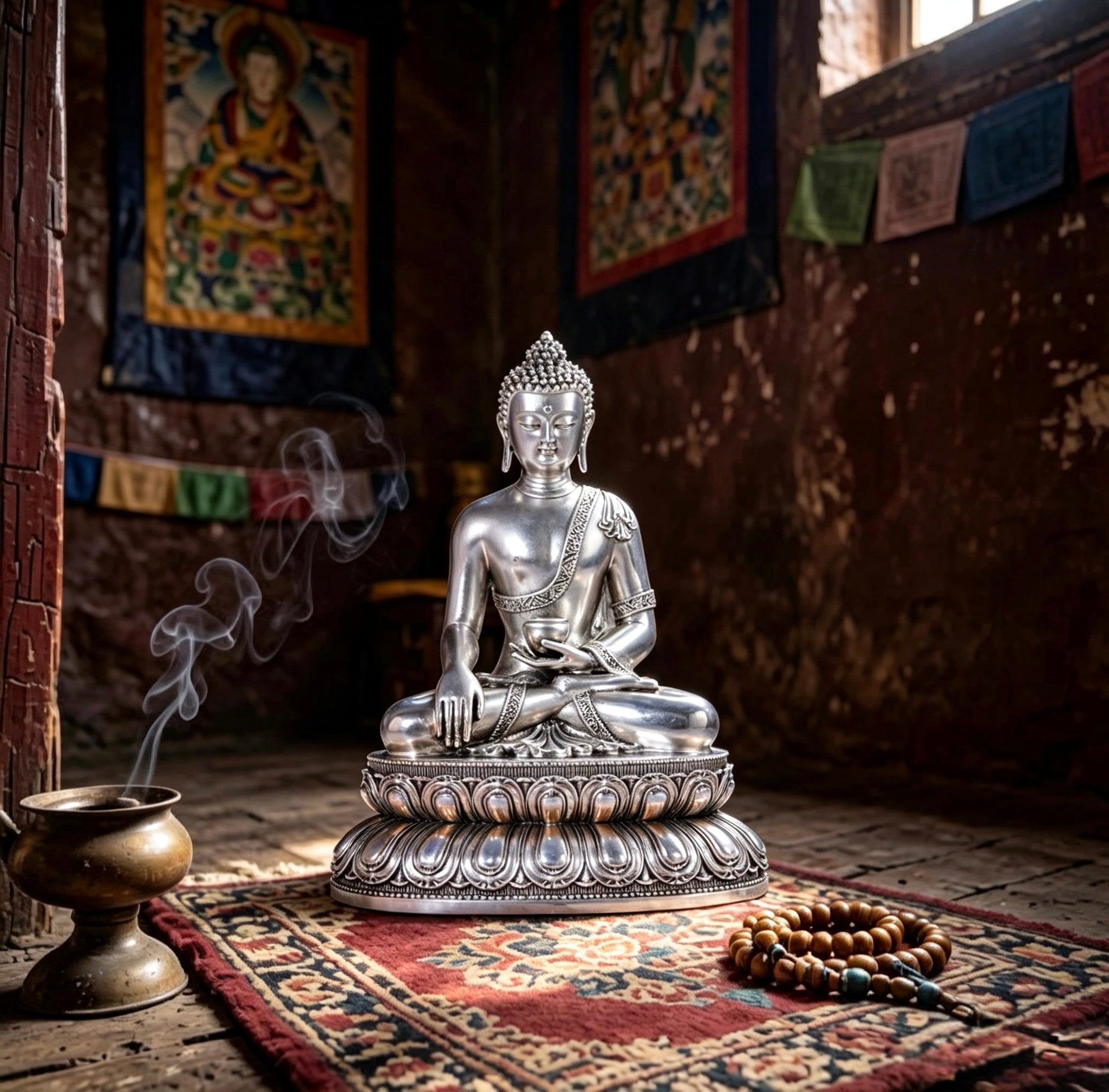 Multiple Statues Guru Rinpoche Tibetan Buddhist Buddha, Silver Plated White Copper Guru Rinpoche Figurine, Altar Shrine Meditation Decor