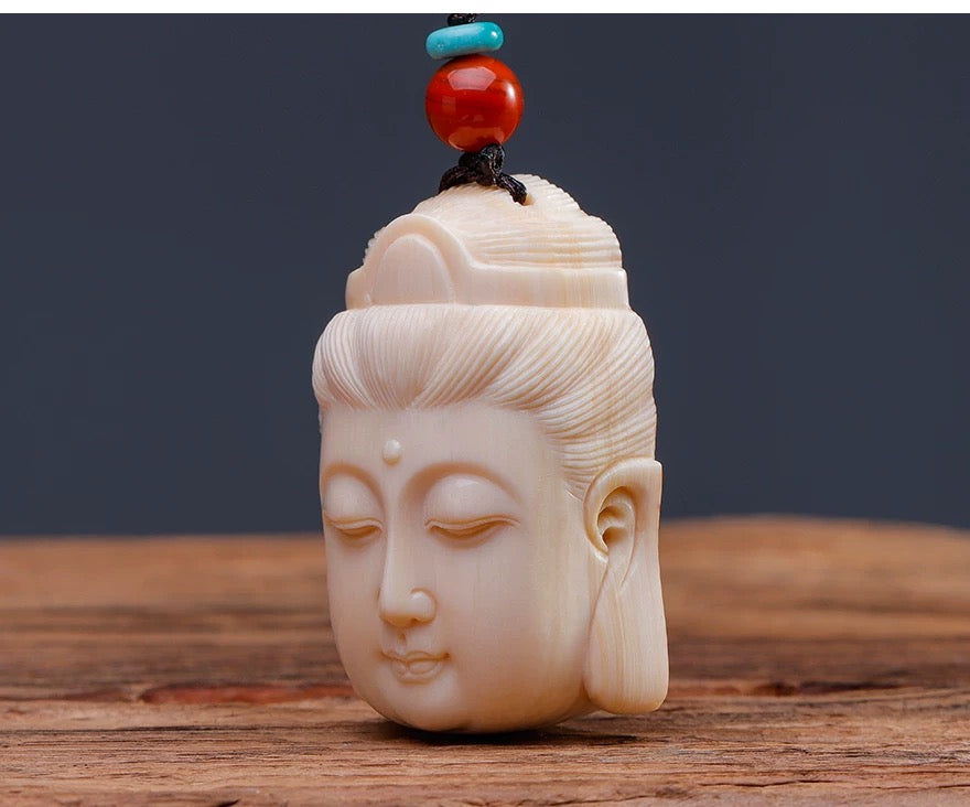 EverestArtStudios Natural Reclaimed Mammoth Ivory Guanyin Pendant, Hand Carved Buddha Head Necklace, Spiritual Amulet Gift, Meditation Jewelry