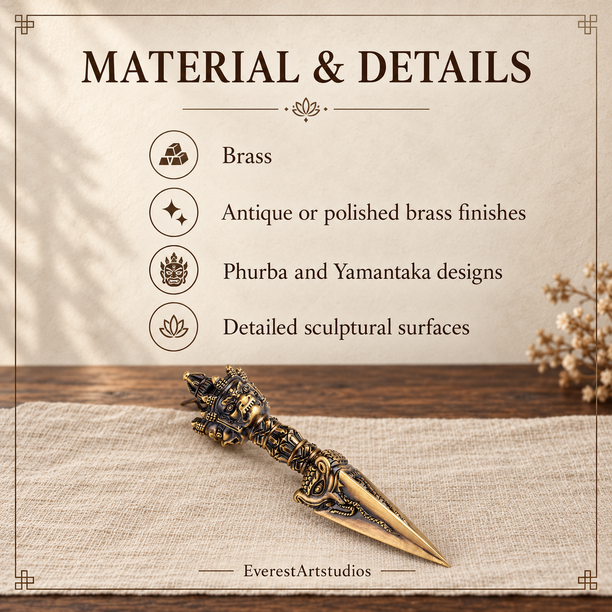 MATERIAL & DETAILS — Brass phurba and Yamantaka options