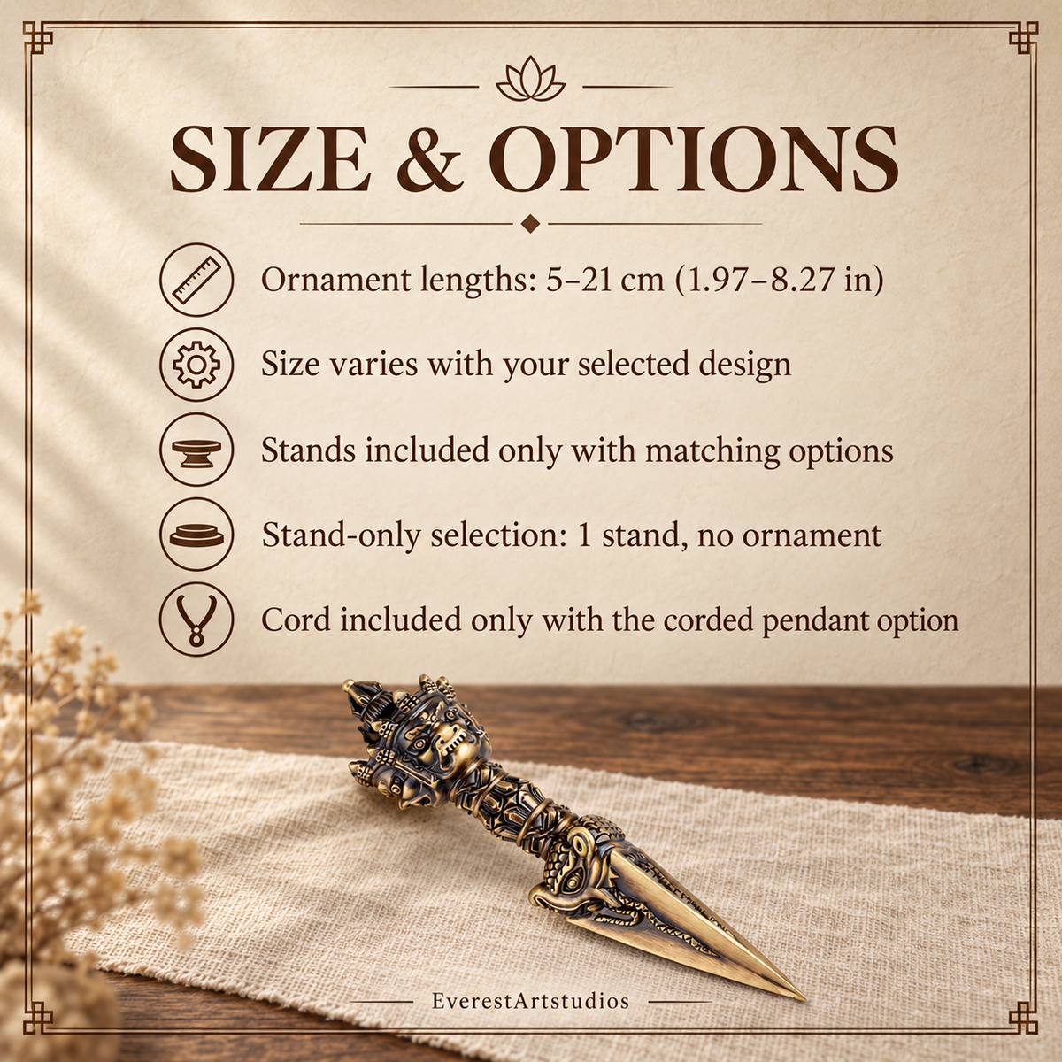 SIZE & OPTIONS — Brass phurba and Yamantaka options