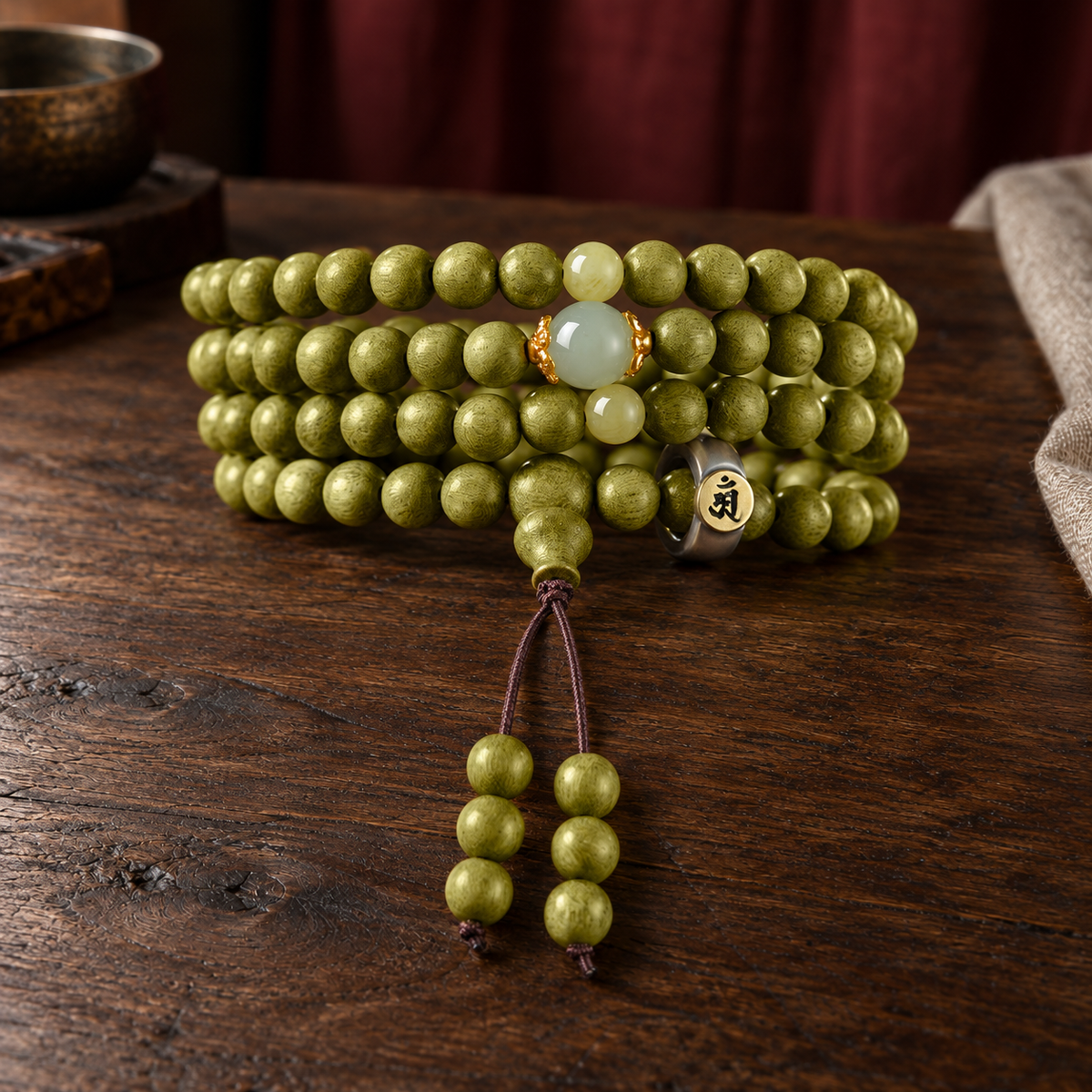 Green wood mala, 6 mm, Rat Symbol