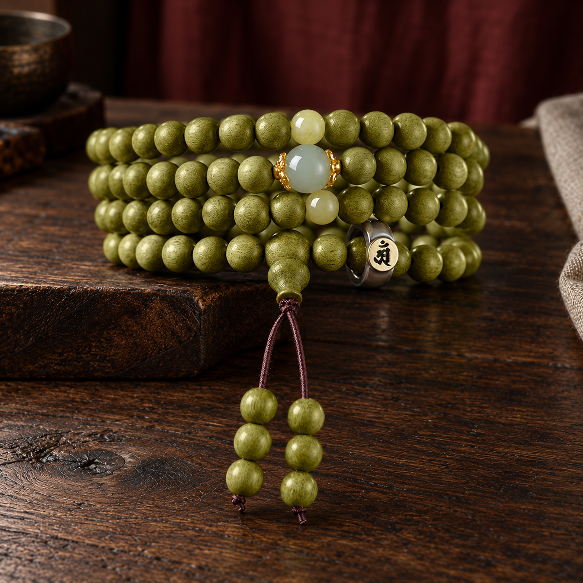 Green wood mala, 6 mm, Ox & Tiger Symbol