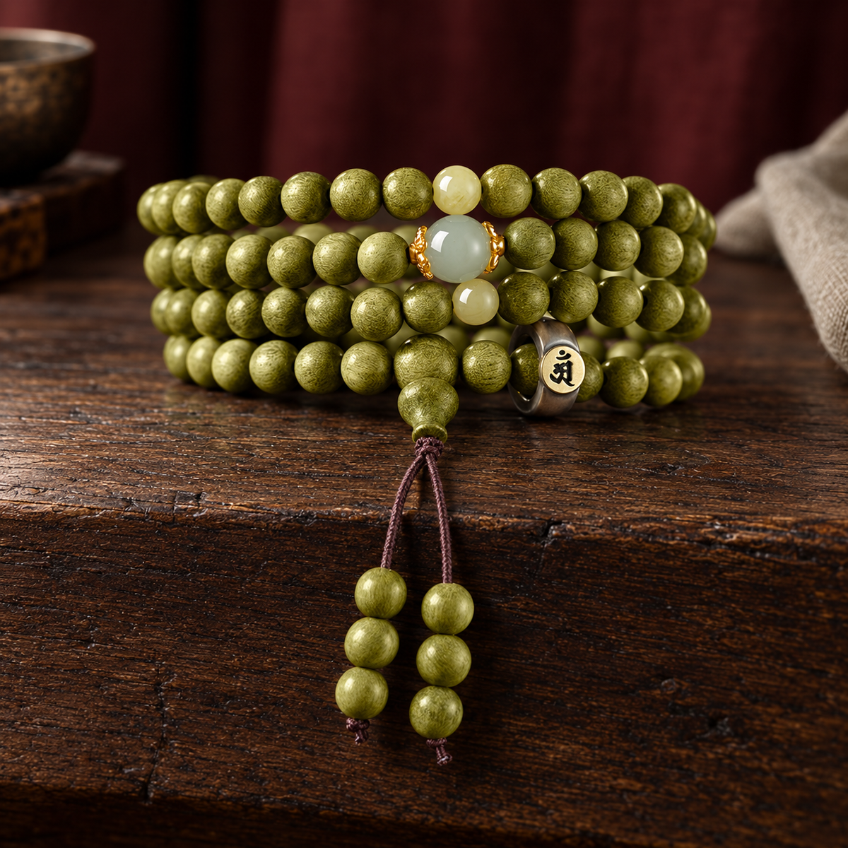Green wood mala, 6 mm, Rabbit Symbol