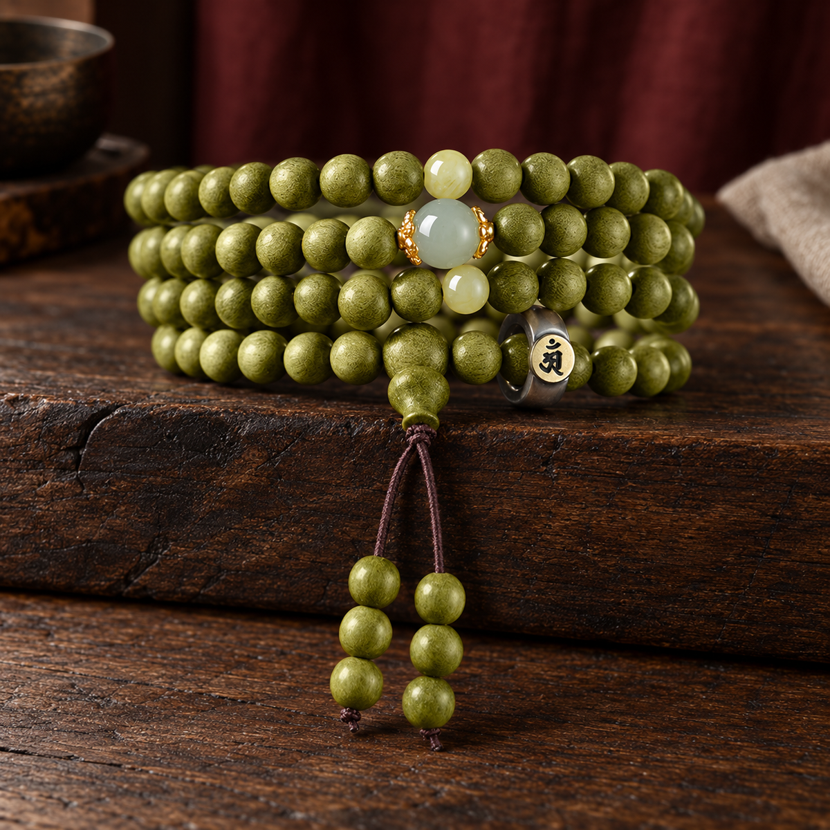 Green wood mala, 6 mm, Dragon & Snake Symbol