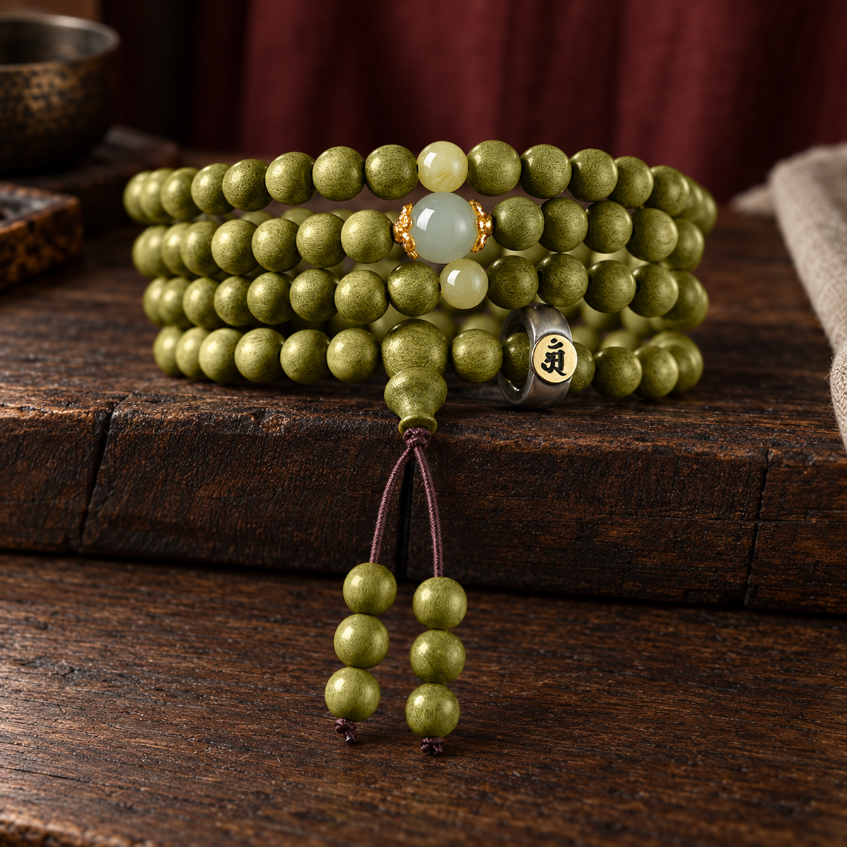 Green wood mala, 8 mm, Rat Symbol