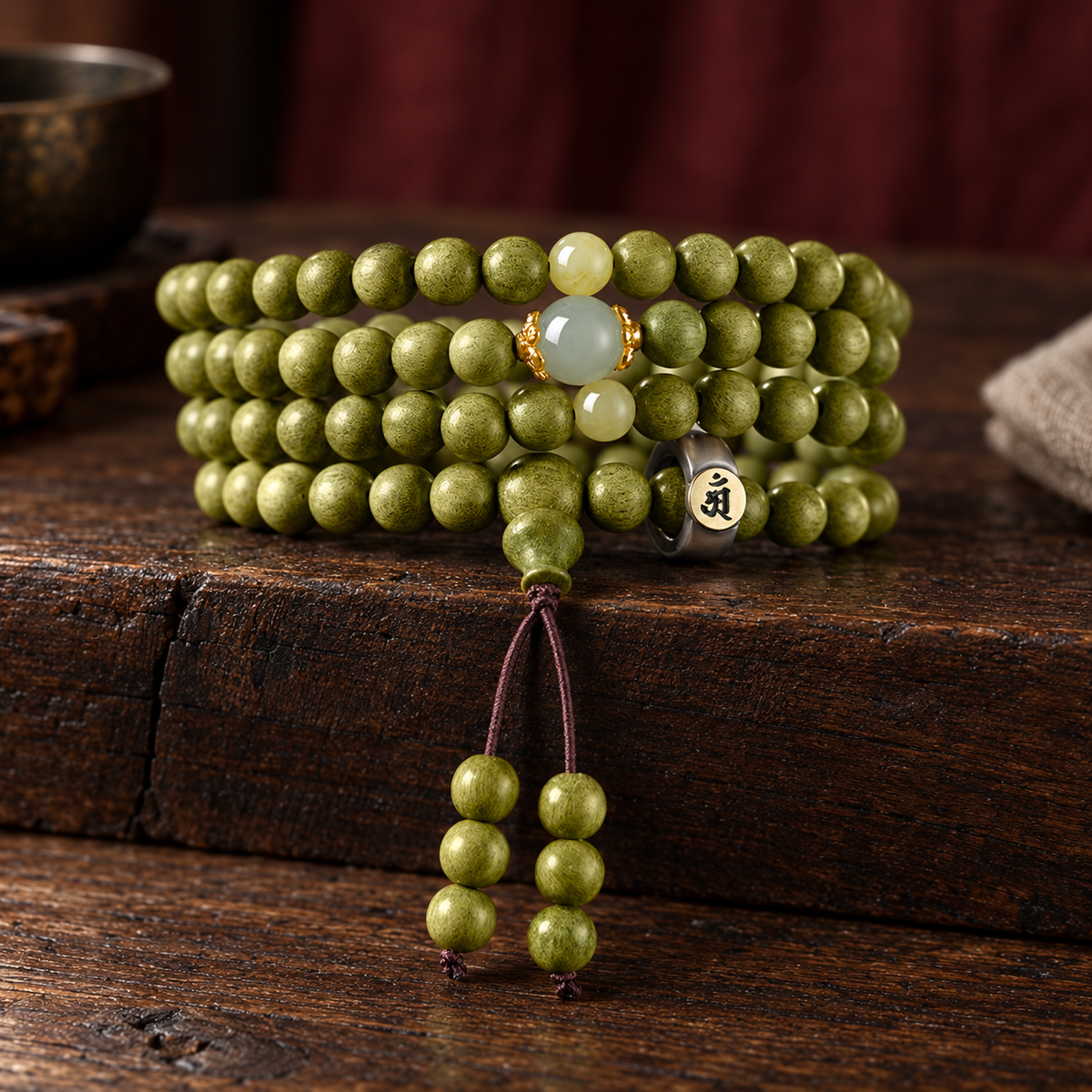 Green wood mala, 8 mm, Ox & Tiger Symbol
