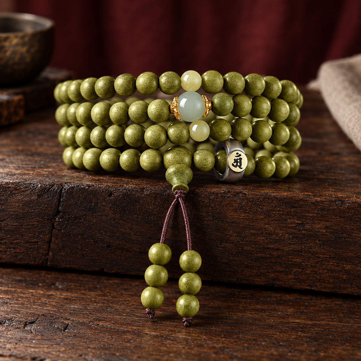 Green wood mala, 8 mm, Rooster Symbol
