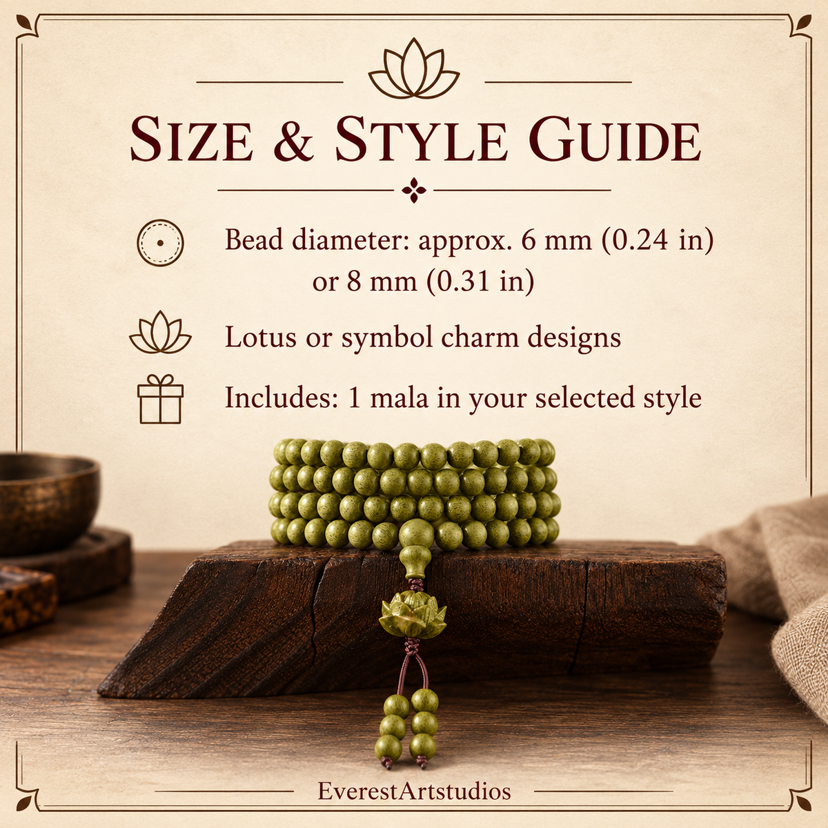 SIZE & STYLE GUIDE — Green wood mala