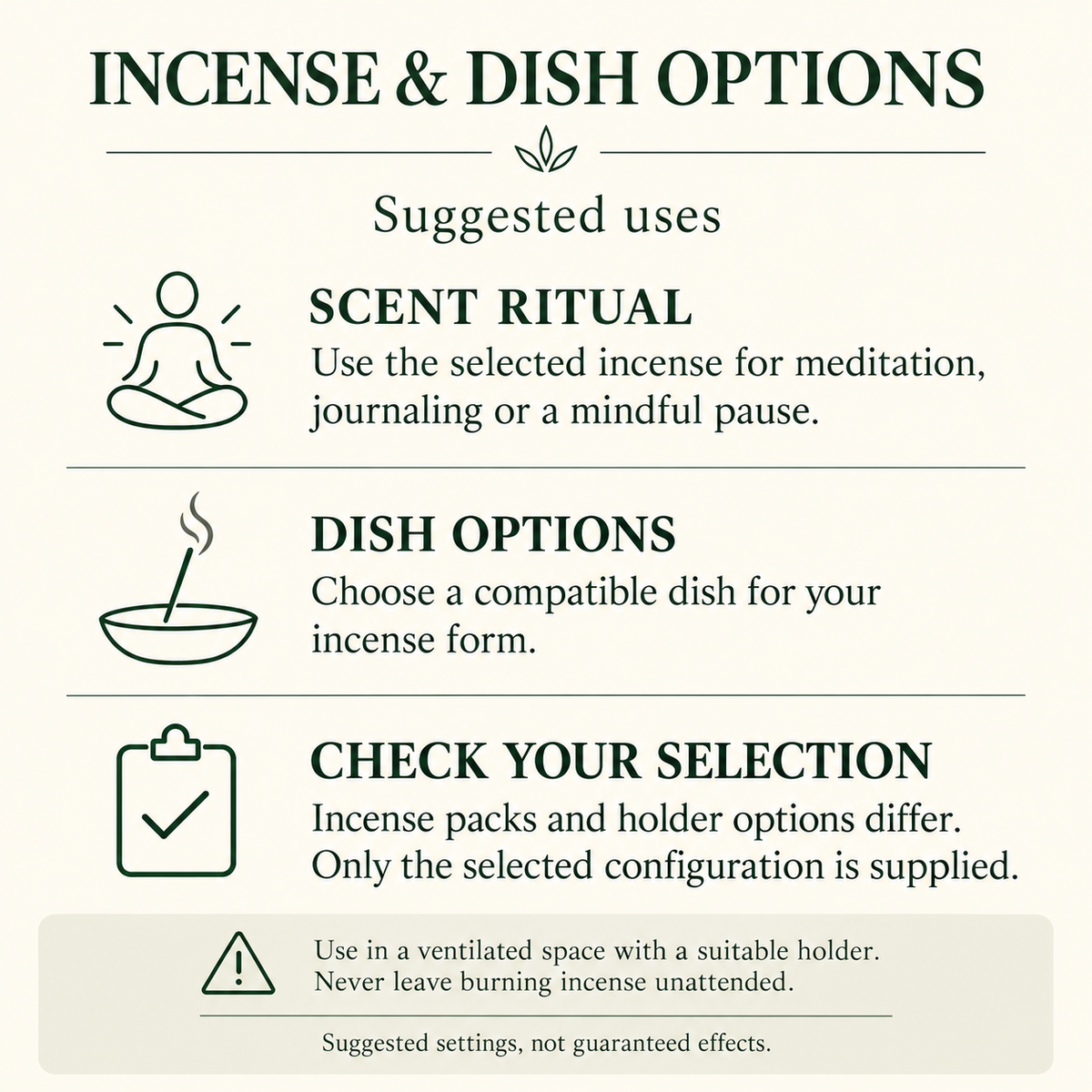 INCENSE & DISH OPTIONS — suggested uses and safe setup