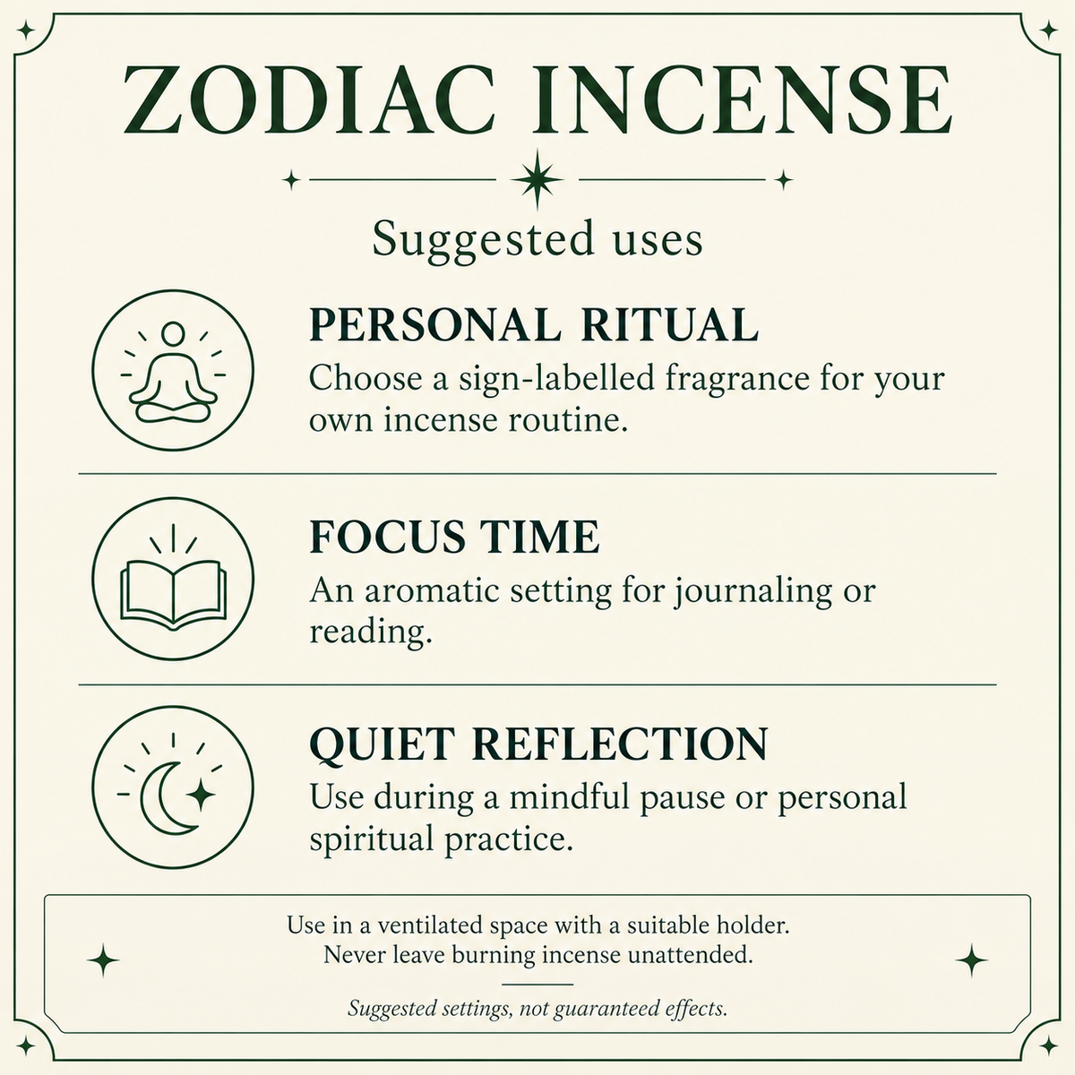 ZODIAC INCENSE — suggested uses and safe setup