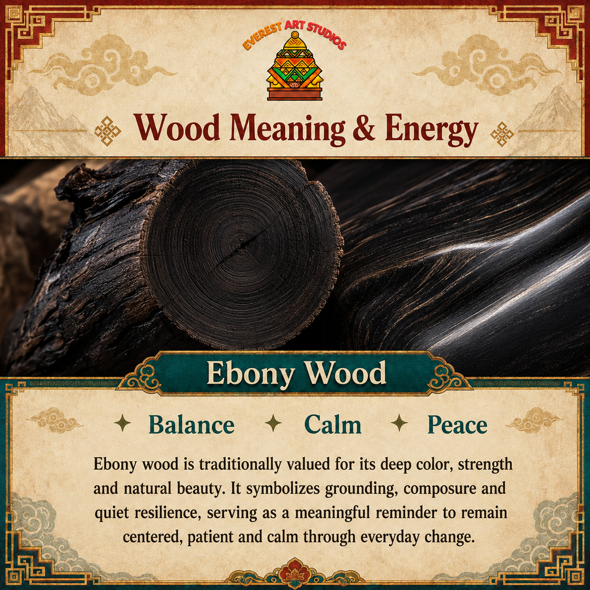 Everest Art Studios ebony wood information graphic