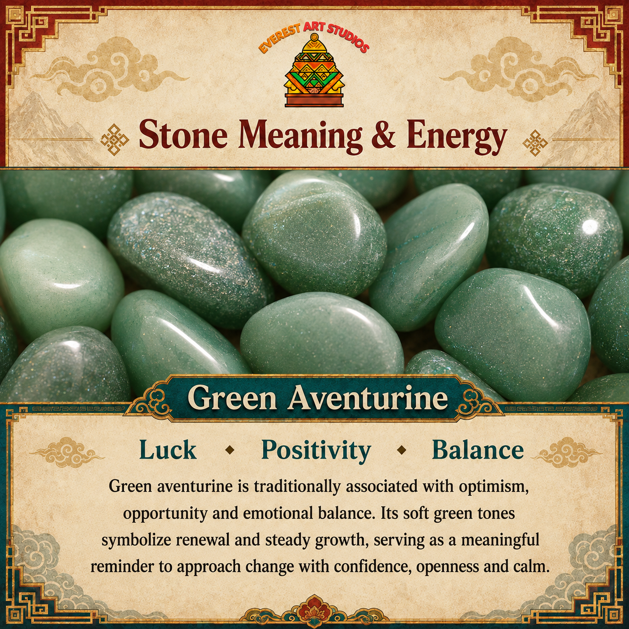 Everest Art Studios green aventurine information graphic