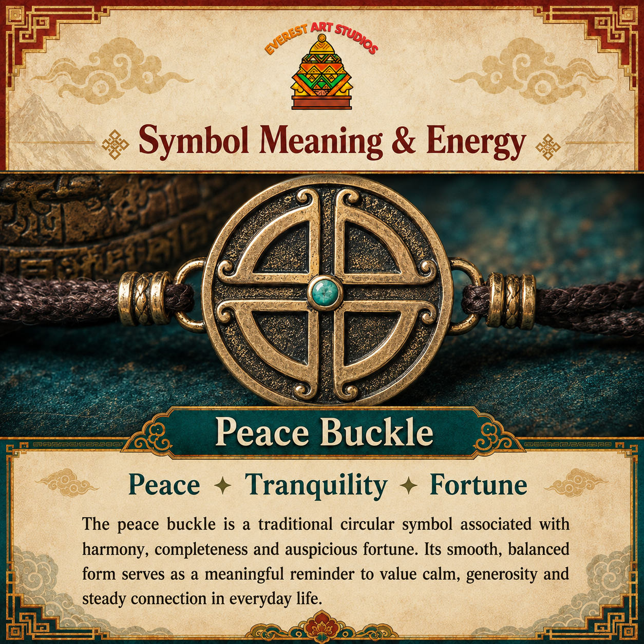 Everest Art Studios peace buckle information graphic