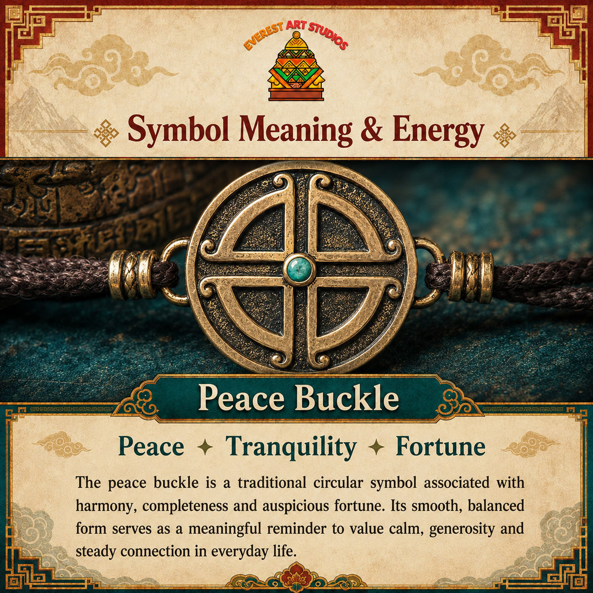 Everest Art Studios peace buckle information graphic