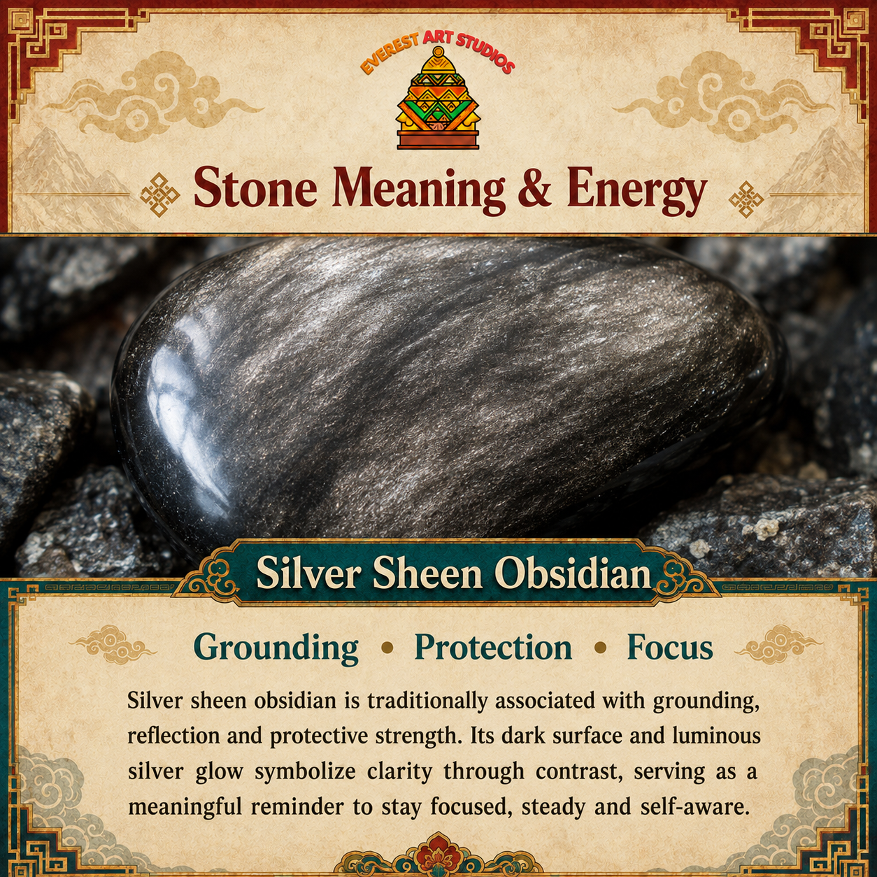 Everest Art Studios silver sheen obsidian information graphic
