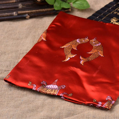 Red Embroidered Tibetan Khata Scarf with Eight Auspicious Symbol