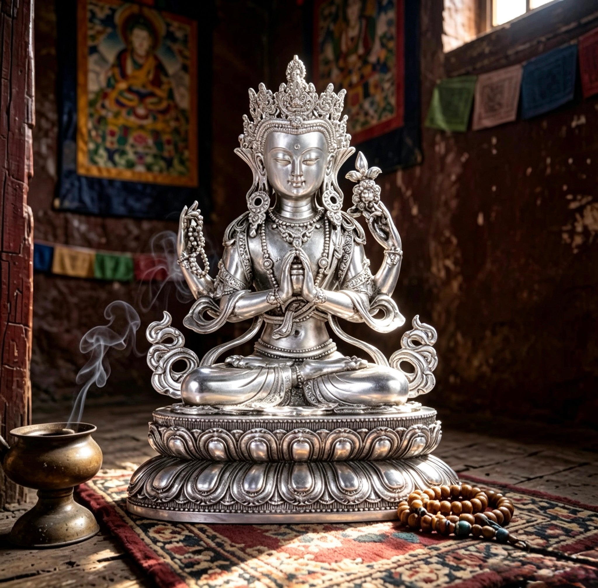 Multiple Statues Guru Rinpoche Tibetan Buddhist Buddha, Silver Plated White Copper Guru Rinpoche Figurine, Altar Shrine Meditation Decor