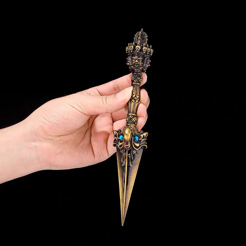 Handcrafted 8.5” Phurba Vajra Dagger Vintage Handmade Nepal Tibetan Pure Brass Amulet