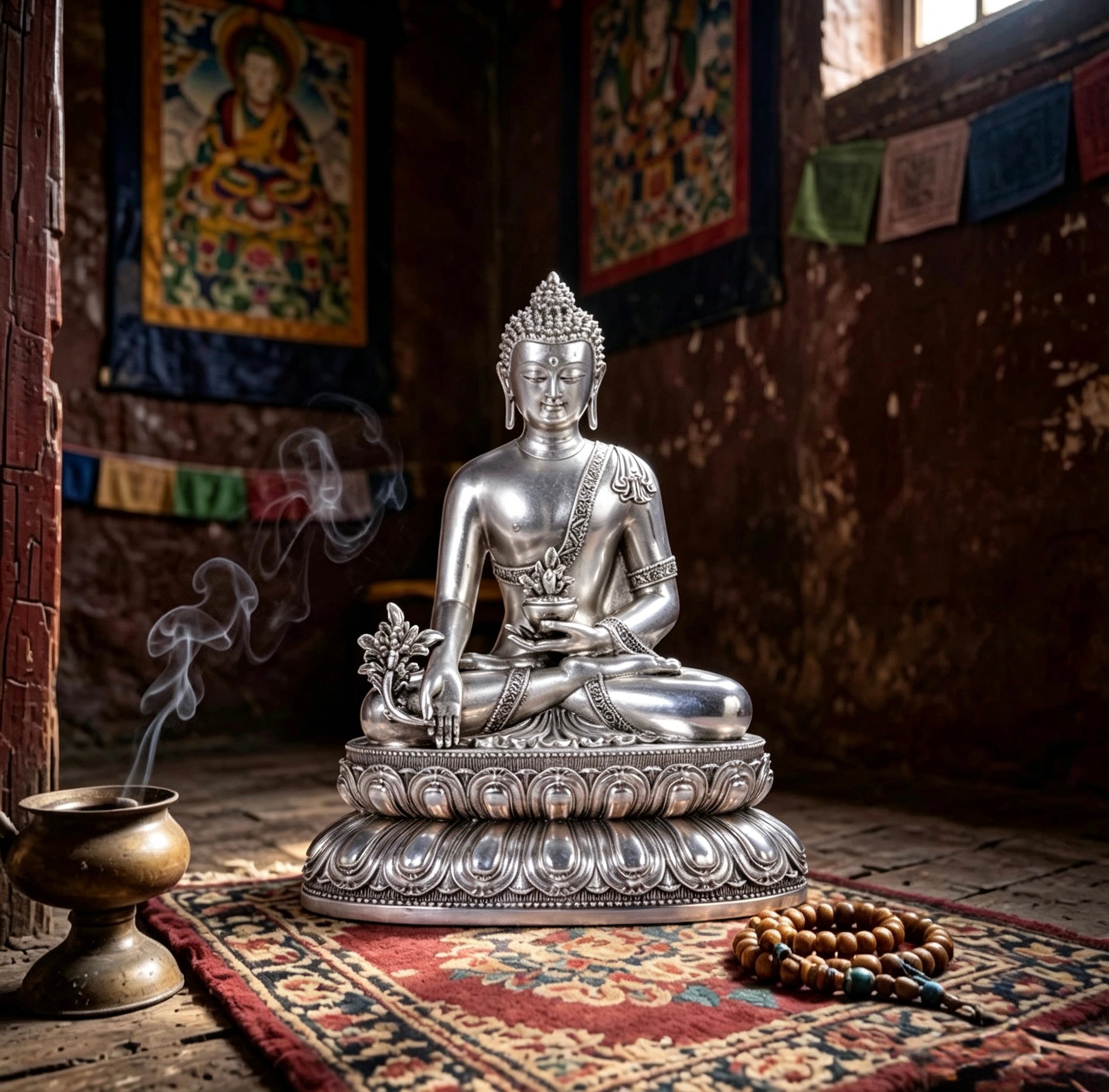 Multiple Statues Guru Rinpoche Tibetan Buddhist Buddha, Silver Plated White Copper Guru Rinpoche Figurine, Altar Shrine Meditation Decor