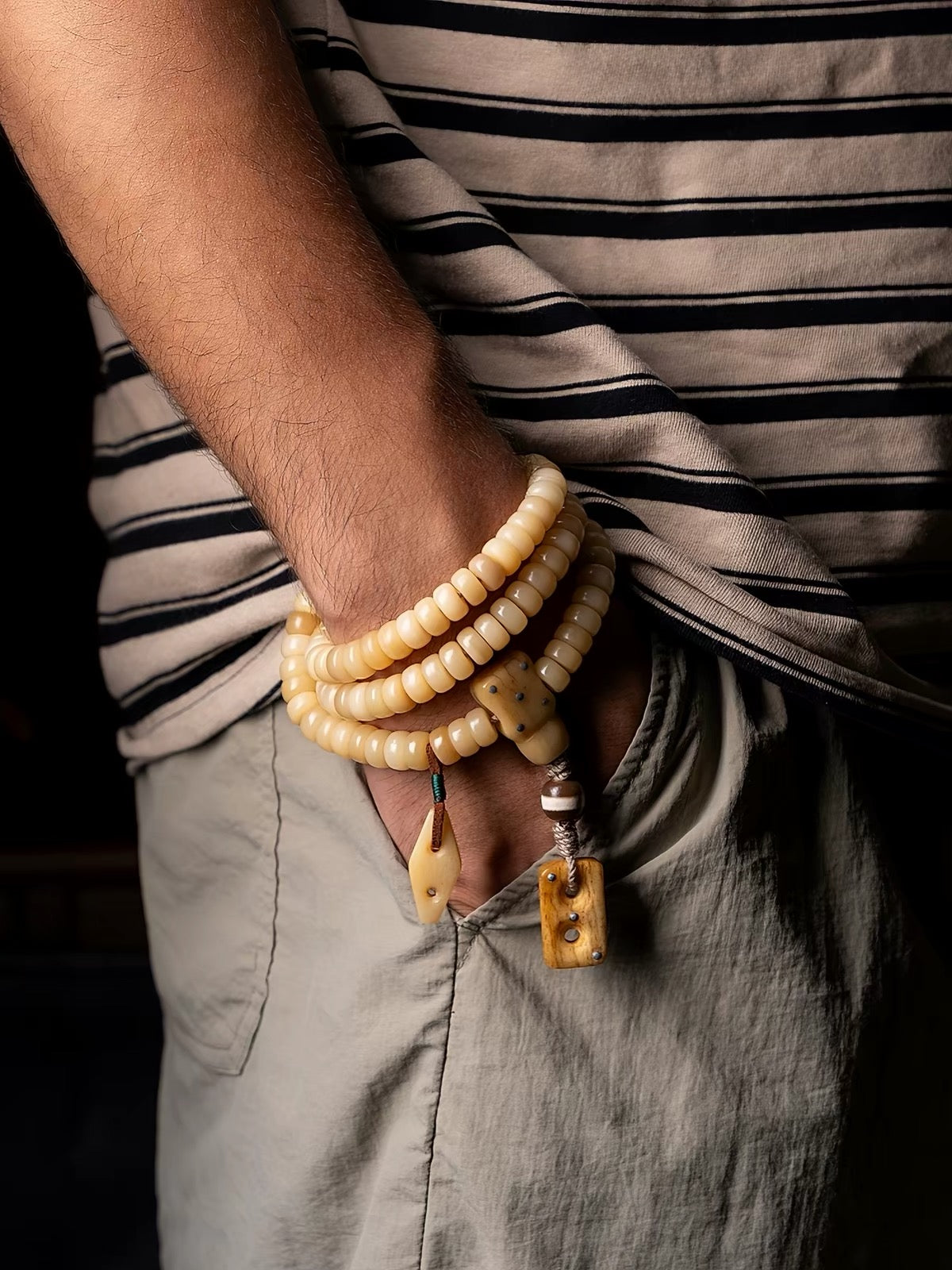 Natural Camel Bone Mala Bracelet 108 Beads, Tibetan Prayer Beads, Yellow Fossilized Bone Wrist Mala, Multi Wrap Meditation Bracelet for Men