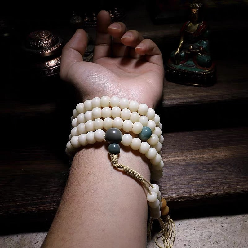 EverestArtStudios Natural White Bodhi Root Mala Necklace – 108 Beads Meditation Prayer Beads – White Jade-Like Bodhi Seed Bracelet – Unisex Buddhist Mala Gift