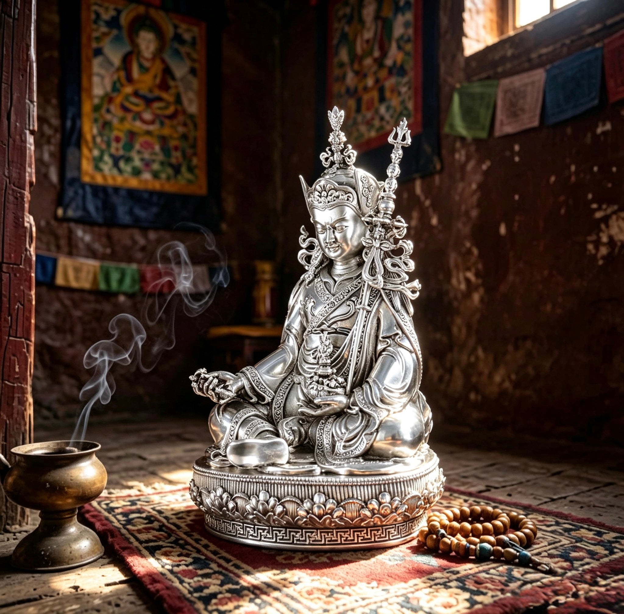 Multiple Statues Guru Rinpoche Tibetan Buddhist Buddha, Silver Plated White Copper Guru Rinpoche Figurine, Altar Shrine Meditation Decor