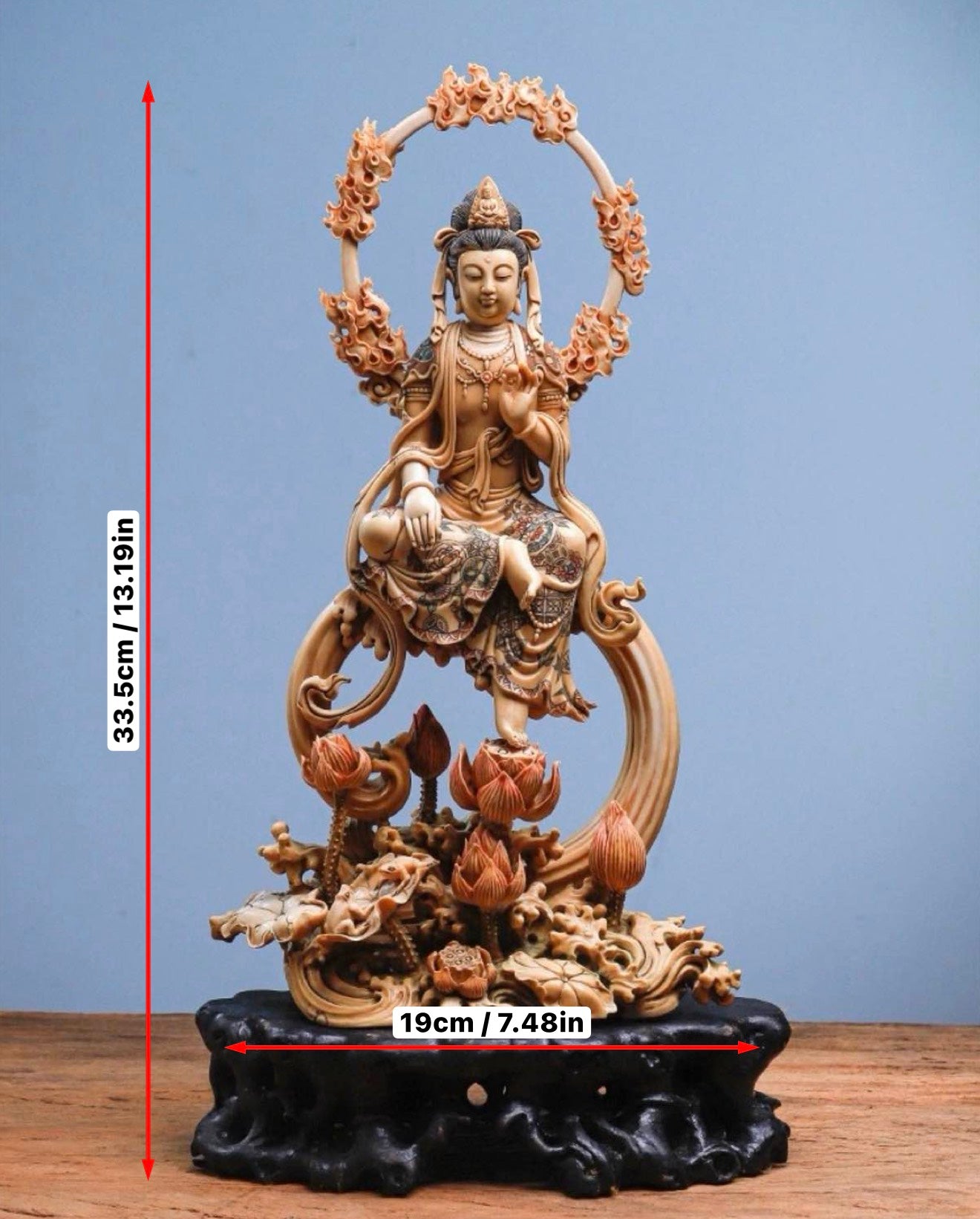 EverestArtStudios Natural Reclaimed Mammoth Ivory Water Moon Guanyin Avalokiteshvara Statue, Hand Carved Bodhisattva Sculpture, Buddhist Altar Decor, Collectible Art