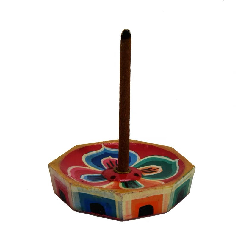 Handcrafted Nepalese Painted Wooden Incense Holder | Tibetan & Stick Incense Burner | Round Altar Base | 3 Variations