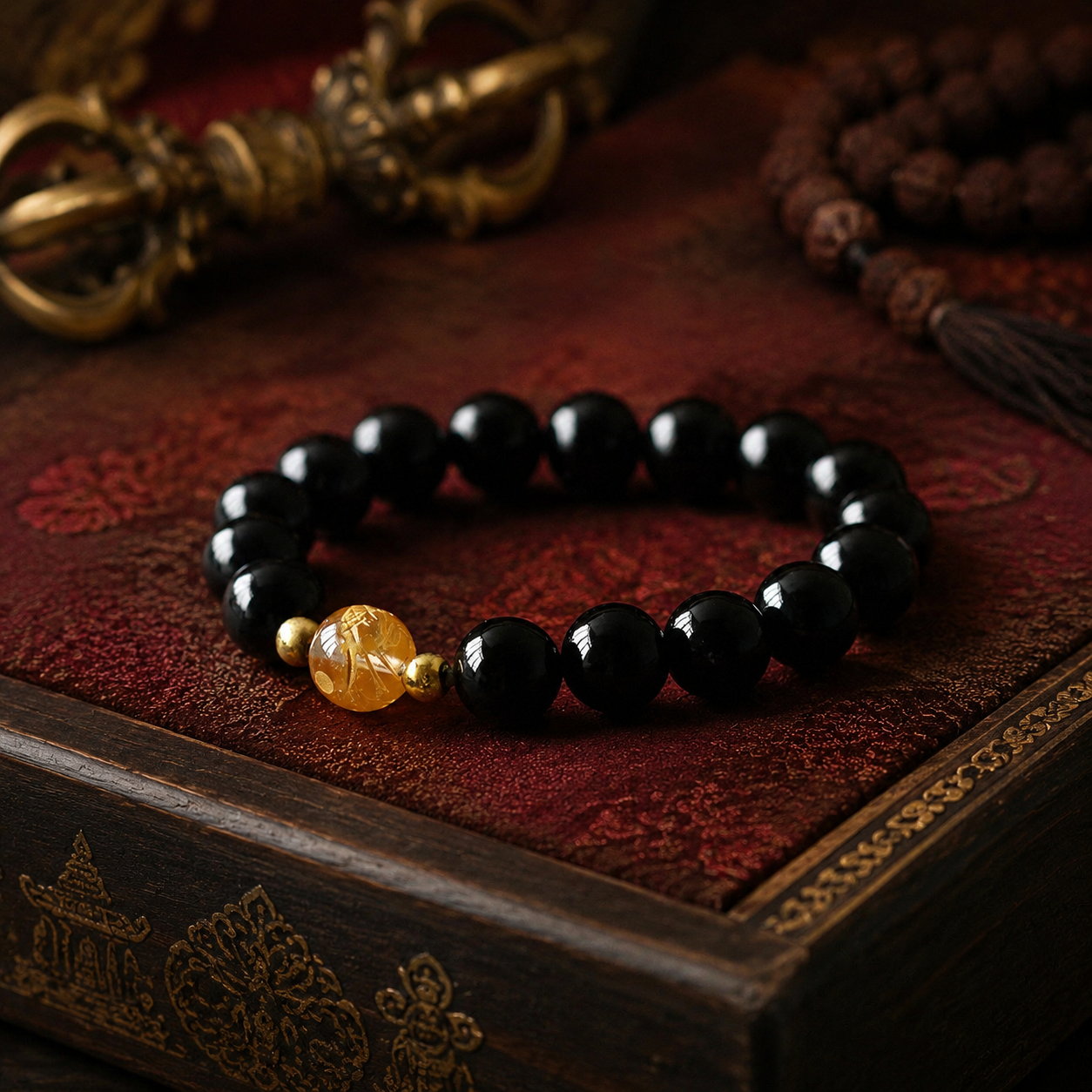 EverestArtStudios Natural Black Obsidian White Crystal Black Onyx Dragon Strength Bracelet