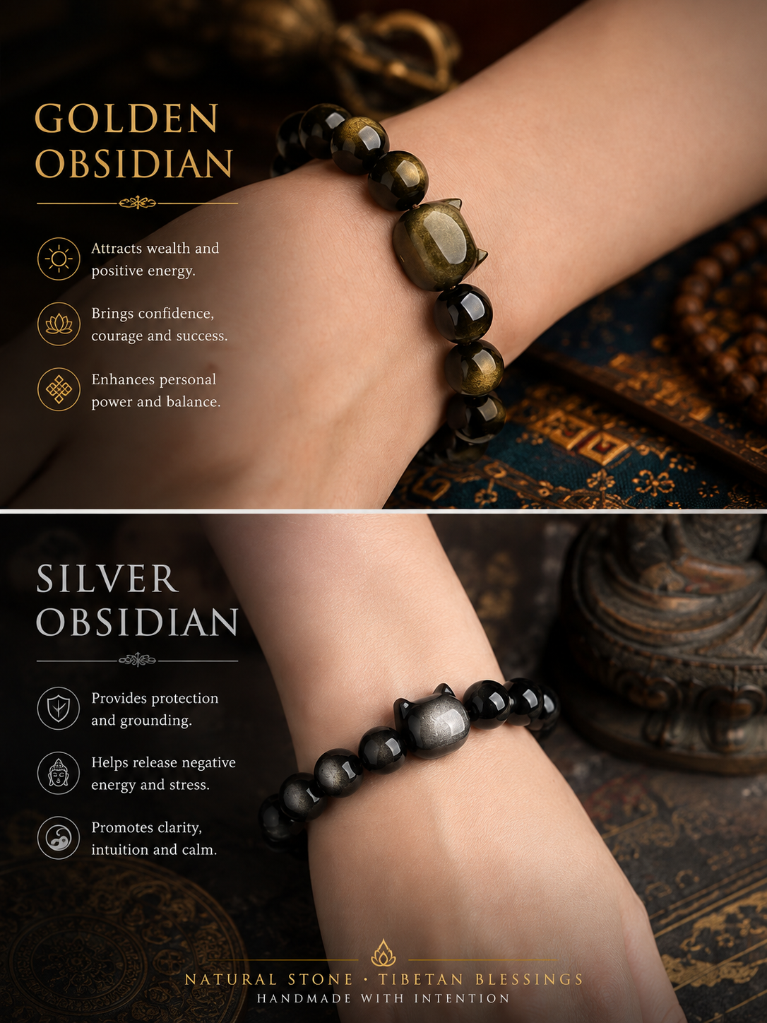 Bracelet chat obsidienne reflets or argent