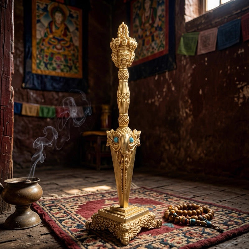 Handcrafted 8.5” Phurba Vajra Dagger Vintage Handmade Nepal Tibetan Pure Brass Amulet