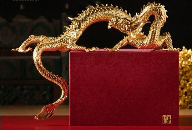 Handcrafted Golden Brass Dragon Statue: Tibetan Feng Shui Decor