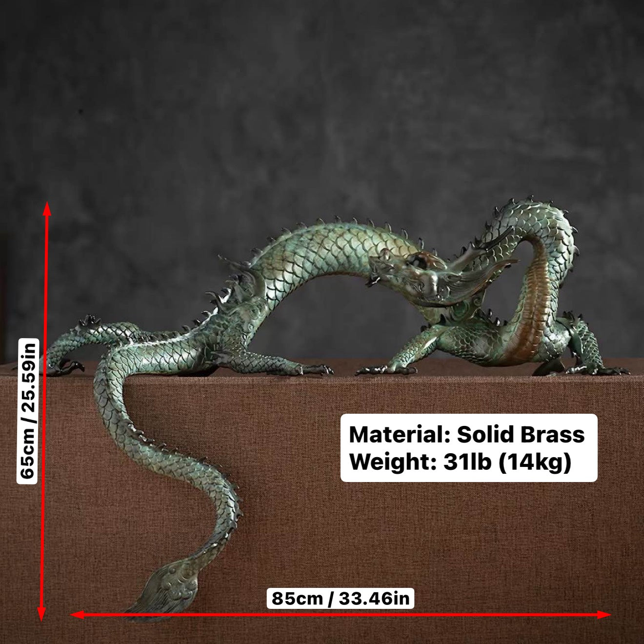 LARGE Handcrafted Brass Dragon Statue: Tibetan Feng Shui Decor