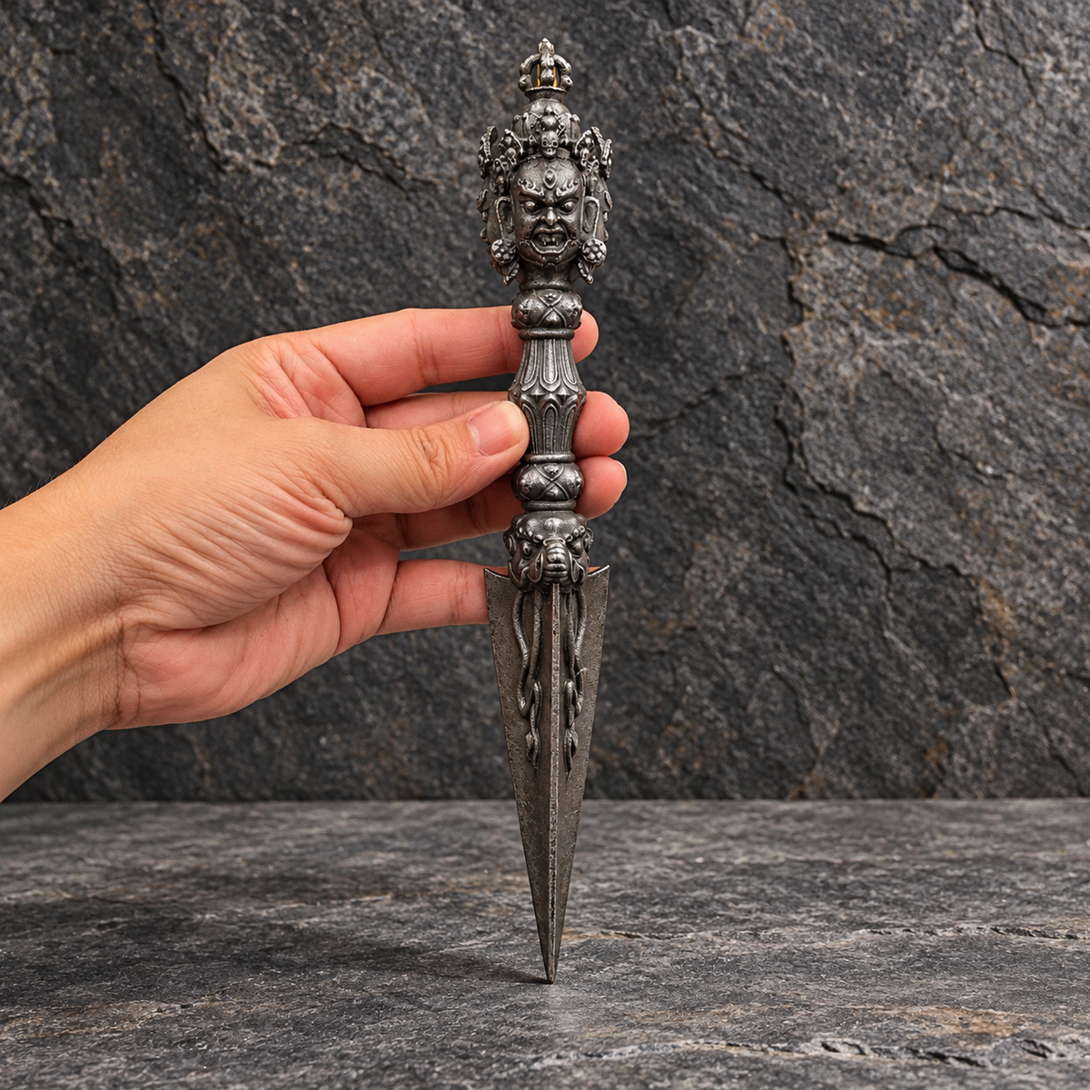 Iron Three-Face Phurba, 9.06 in / 23 cm, with Optional Stand — image 1