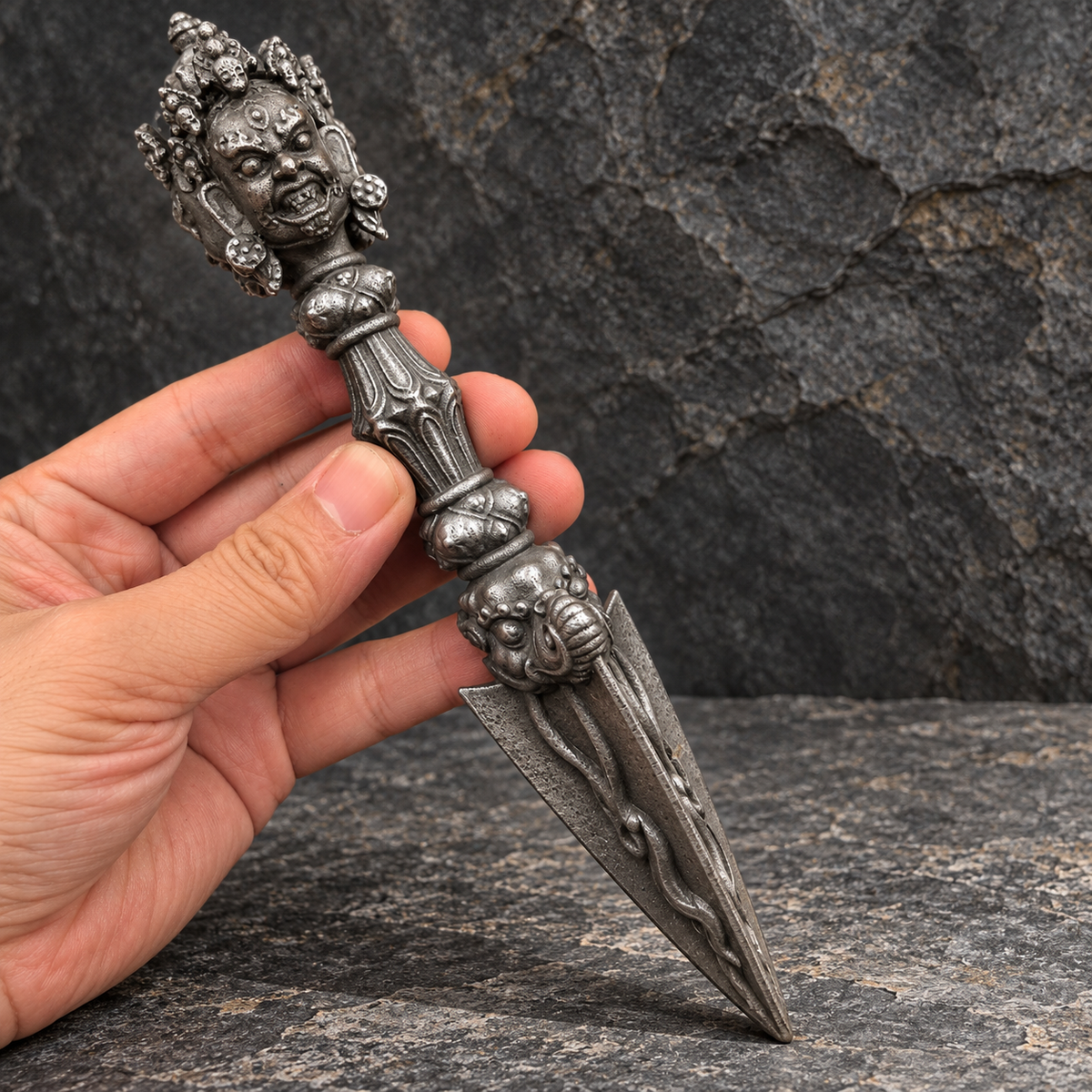 Iron Three-Face Phurba, 9.06 in / 23 cm, with Optional Stand — image 5