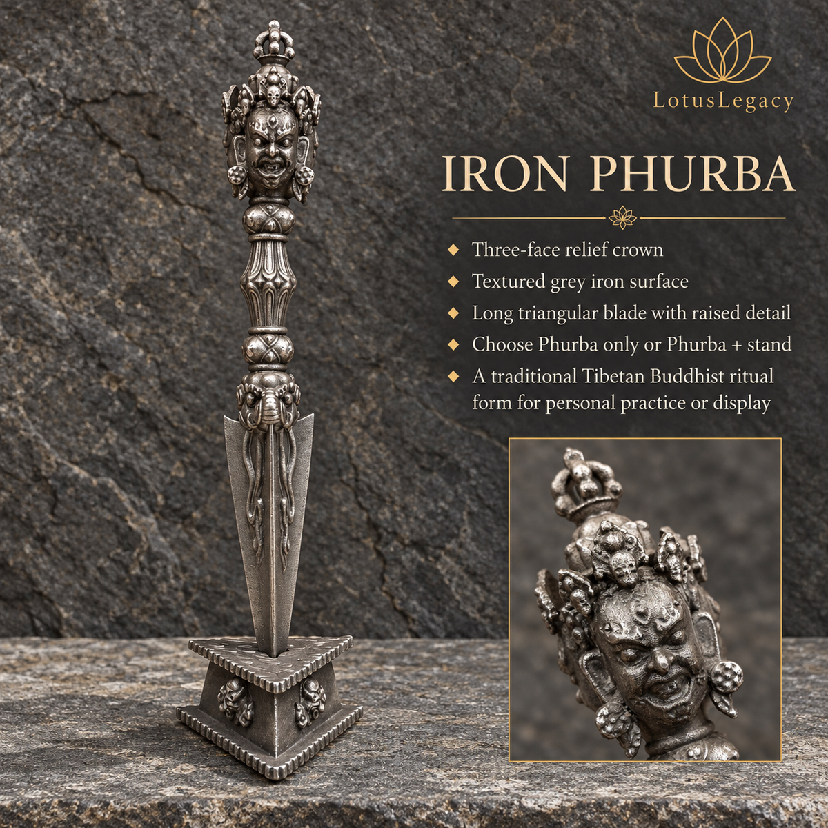 Iron Three-Face Phurba, 9.06 in / 23 cm, with Optional Stand — image 8