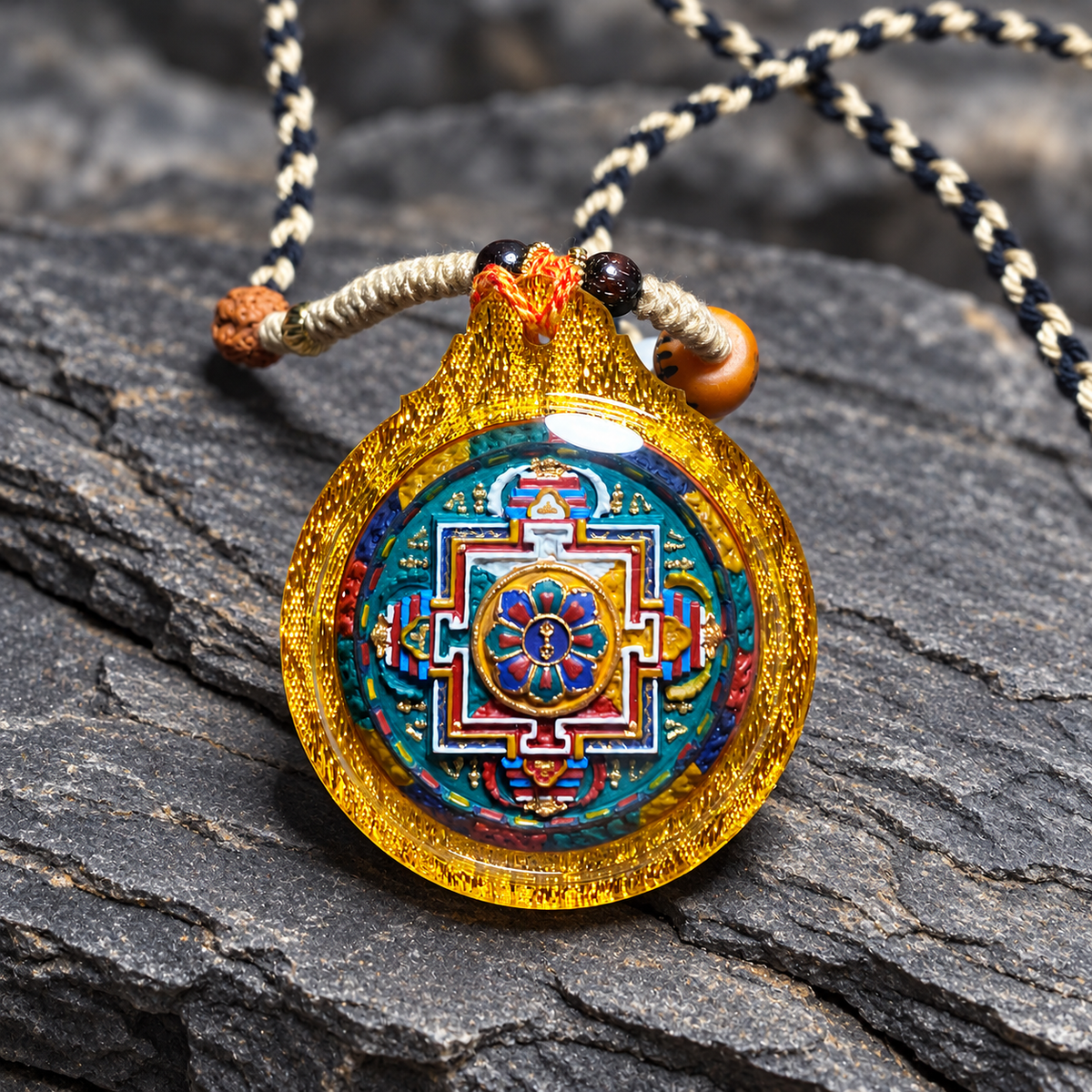 Vajrasattva Mandala Tsa Tsa Pendant, Hand Painted Tibetan Buddhist Necklace, Gold Tone Case, 1.81 in — image 1