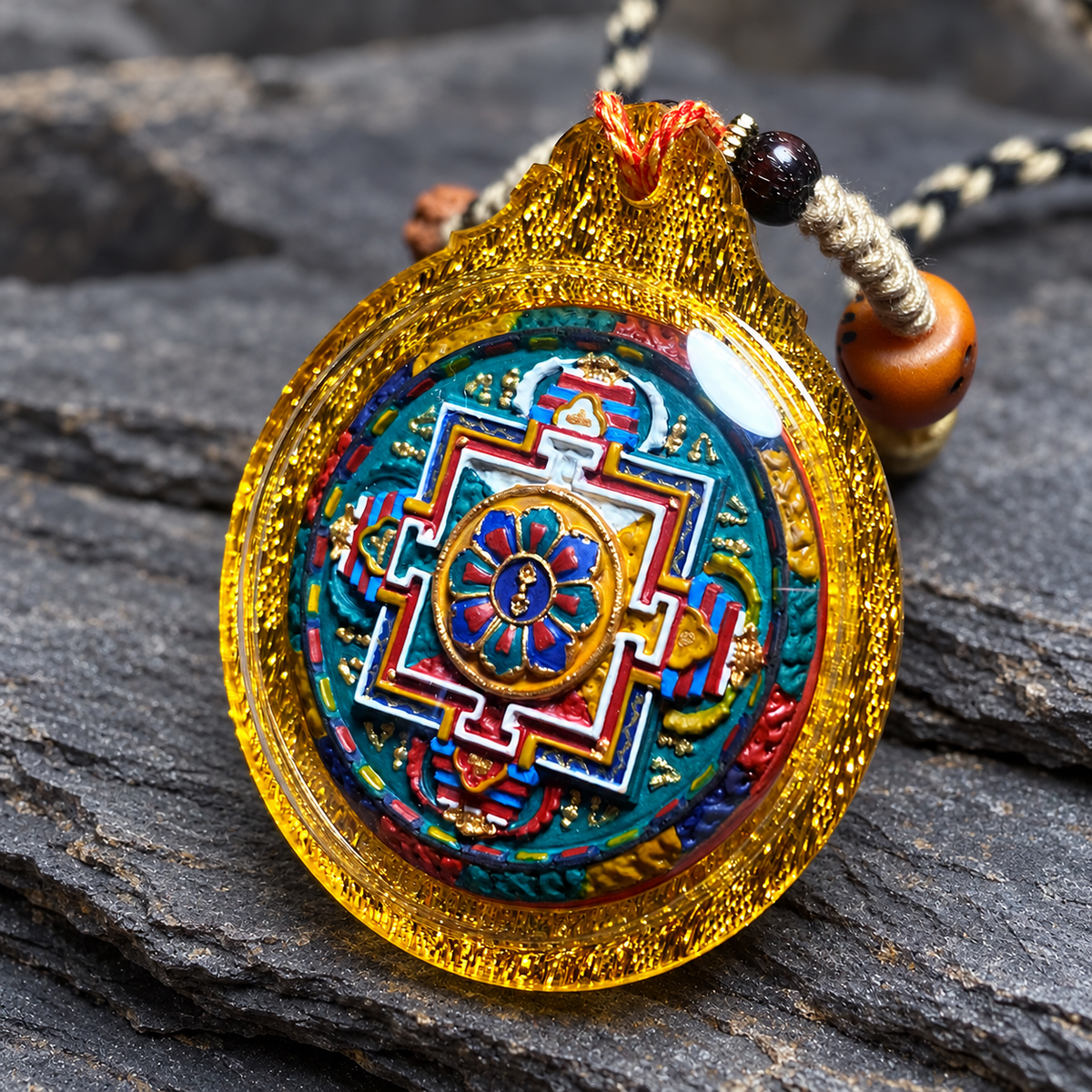 Vajrasattva Mandala Tsa Tsa Pendant, Hand Painted Tibetan Buddhist Necklace, Gold Tone Case, 1.81 in — image 2