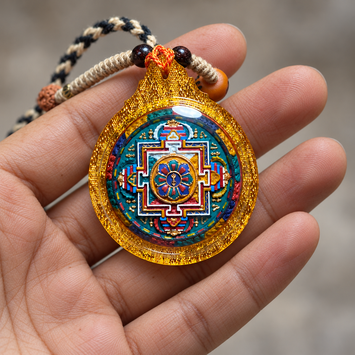 Vajrasattva Mandala Tsa Tsa Pendant, Hand Painted Tibetan Buddhist Necklace, Gold Tone Case, 1.81 in — image 3
