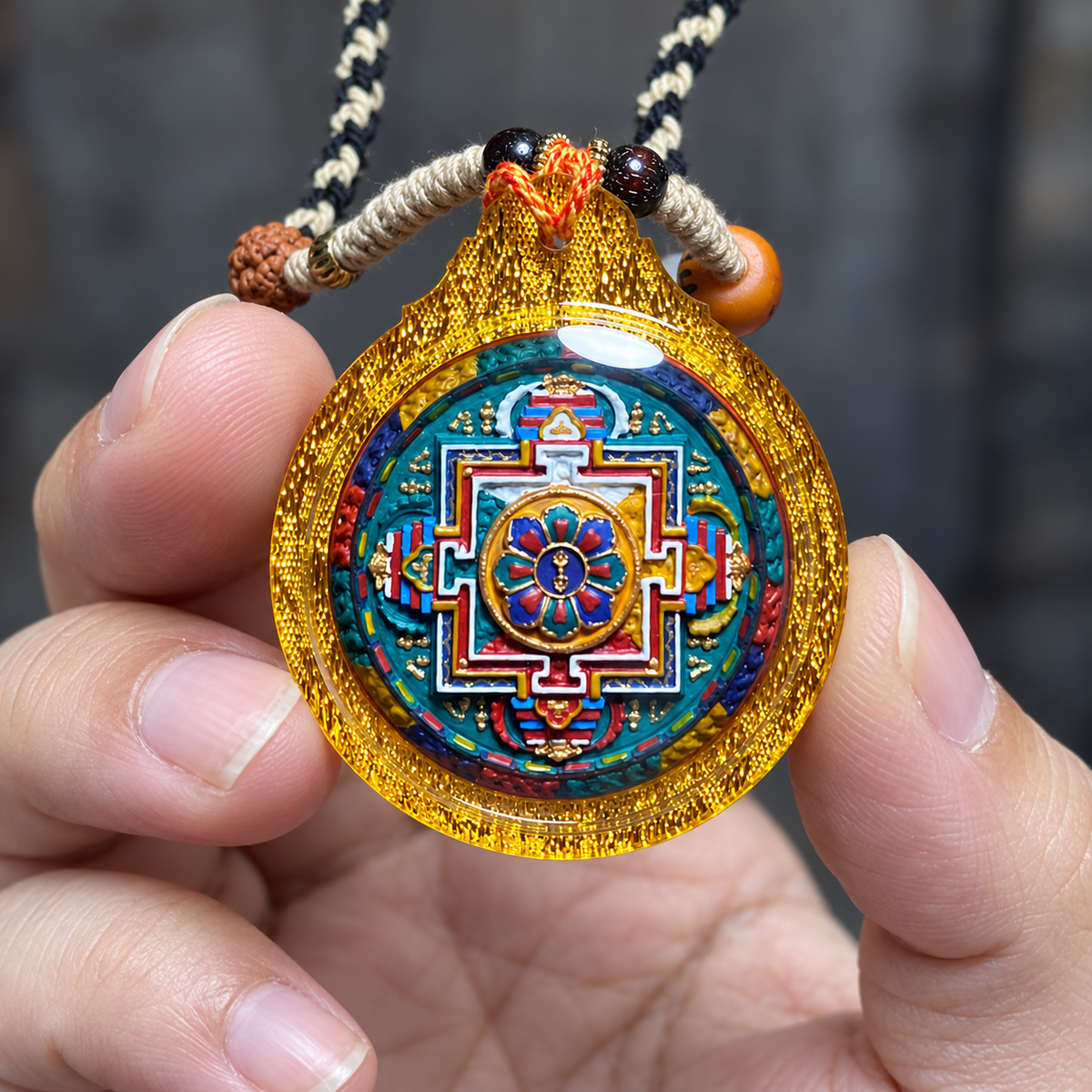 Vajrasattva Mandala Tsa Tsa Pendant, Hand Painted Tibetan Buddhist Necklace, Gold Tone Case, 1.81 in — image 4