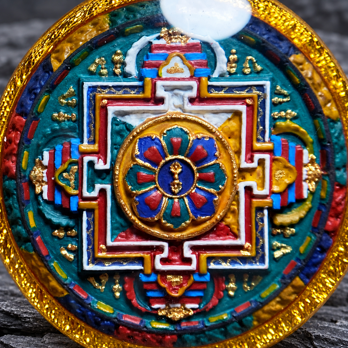 Vajrasattva Mandala Tsa Tsa Pendant, Hand Painted Tibetan Buddhist Necklace, Gold Tone Case, 1.81 in — image 7