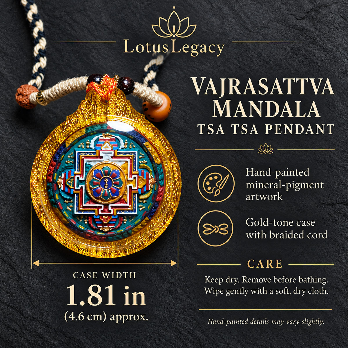 Vajrasattva Mandala Tsa Tsa Pendant, Hand Painted Tibetan Buddhist Necklace, Gold Tone Case, 1.81 in — image 8