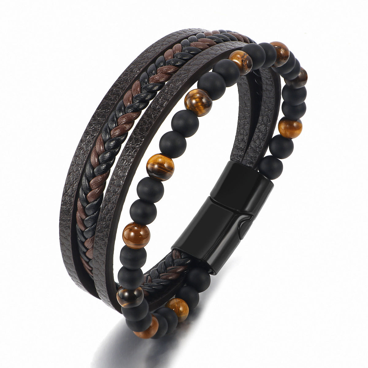 Bracelet cuir et pierre de lave noire