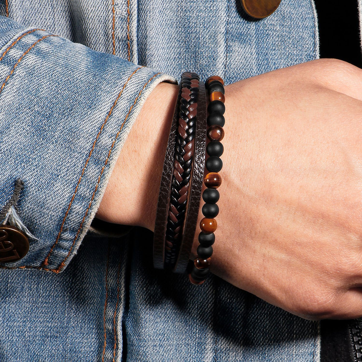 Bracelet cuir et pierre de lave noire