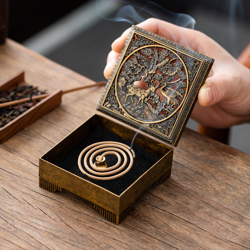 Crane Deer Tongchun Square Plate Incense Burner Agarwood Sandalwood Alloy Incense Burner Household Indoor Seal Incense Box Aromatherapy Burner Ornament