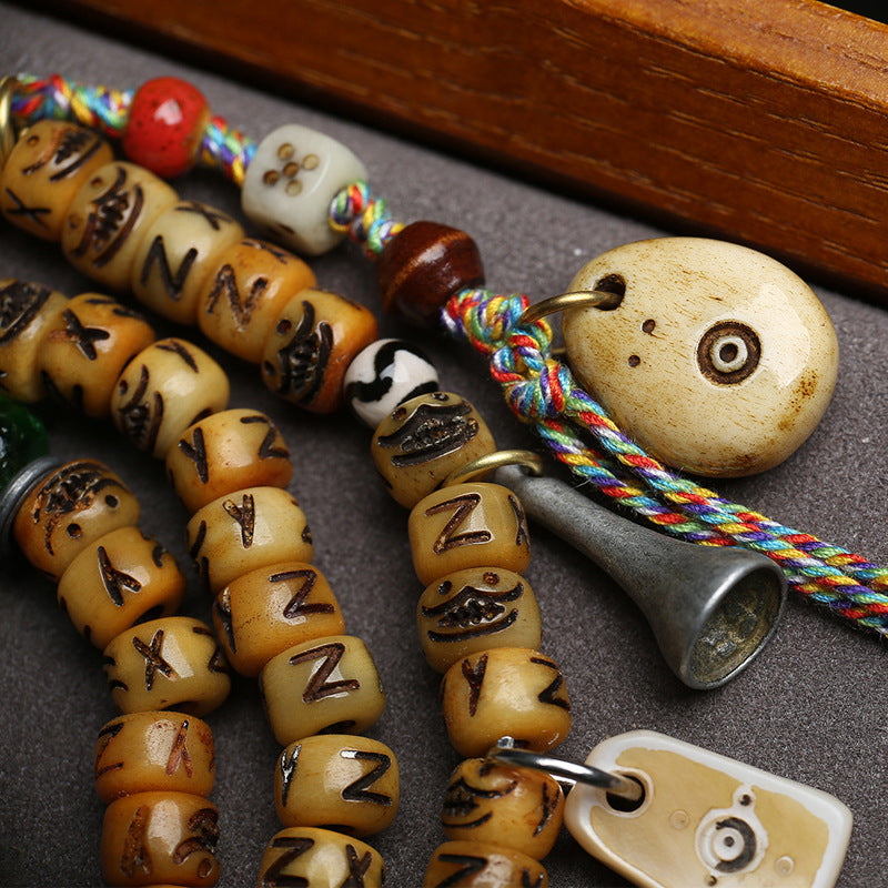 EverestArtstudios Carved Yak Bone 108-Bead Mala with Camel Bone, Glass and Agate Accents