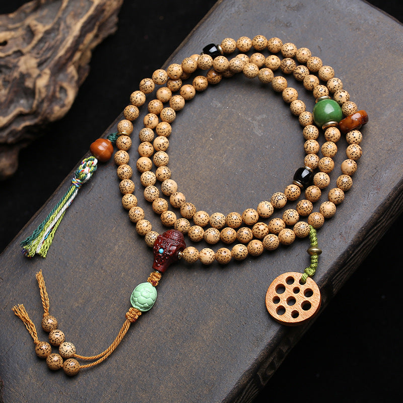 EverestArtstudios Xingyue Bodhi 108-Bead Mala with Sandalwood and Carved Wood Accents
