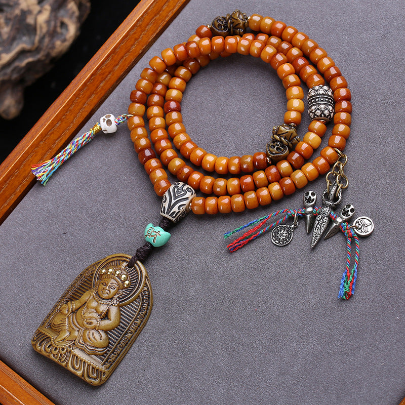 Tibetan return yak bone bucket beads 108 Buddha beads rosary beads engraving yellow God of Wealth pendant camel bone tee accessories