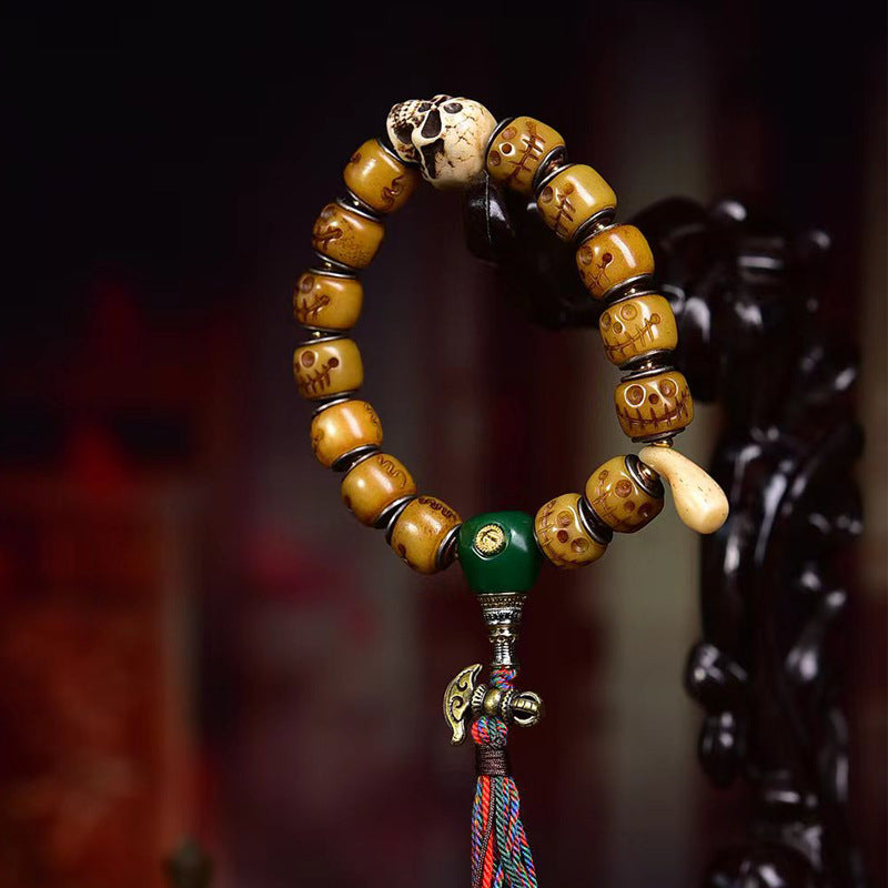 EverestArtstudios Camel Bone Carved Skull Motif Tassel Bracelet