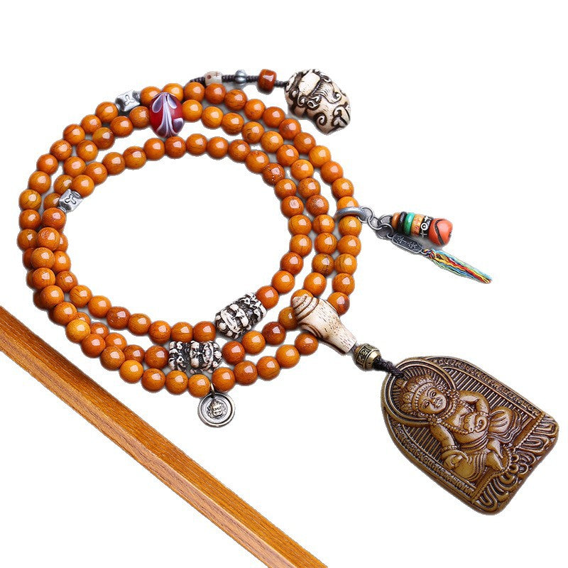 108 Buddhist beads, rosary beads, round beads engraved with yellow God of Wealth pendant and glazed yak bone accessories.